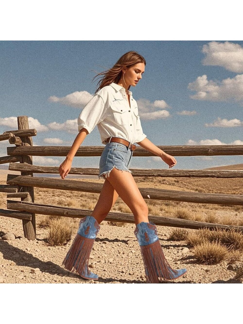 Women's Blue Faux Leather Fringe Western Cowgirl Boots Pointed Toe Chunky Heel - Picture 2 of 7